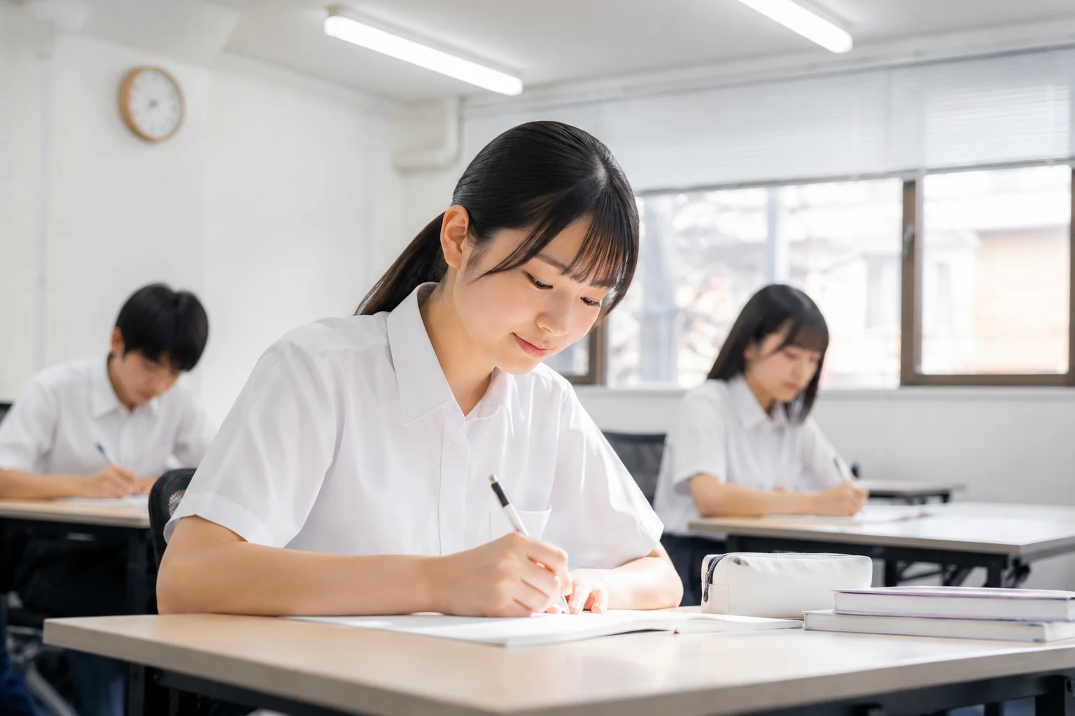 教室で真剣に問題に取り組む女子生徒。まわりの生徒も集中して学習に取り組んでいる。